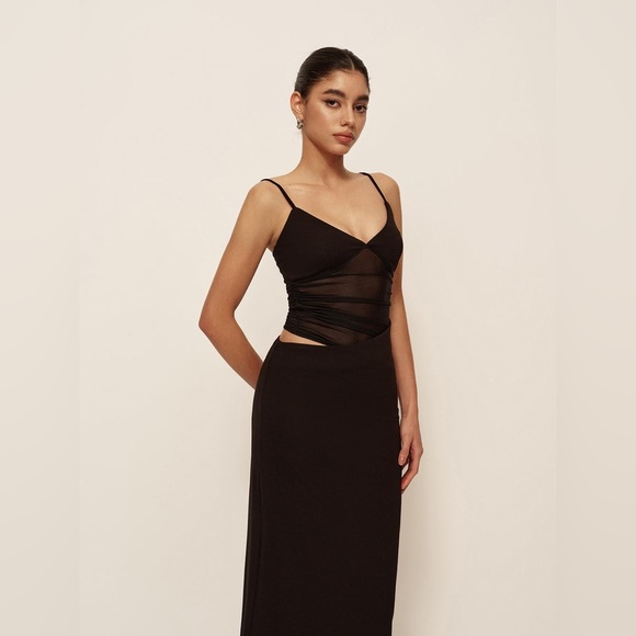 Commense Semi-Sheer Low V-Neck Asymmetrical Ruched Dress - Picture 6 of 7